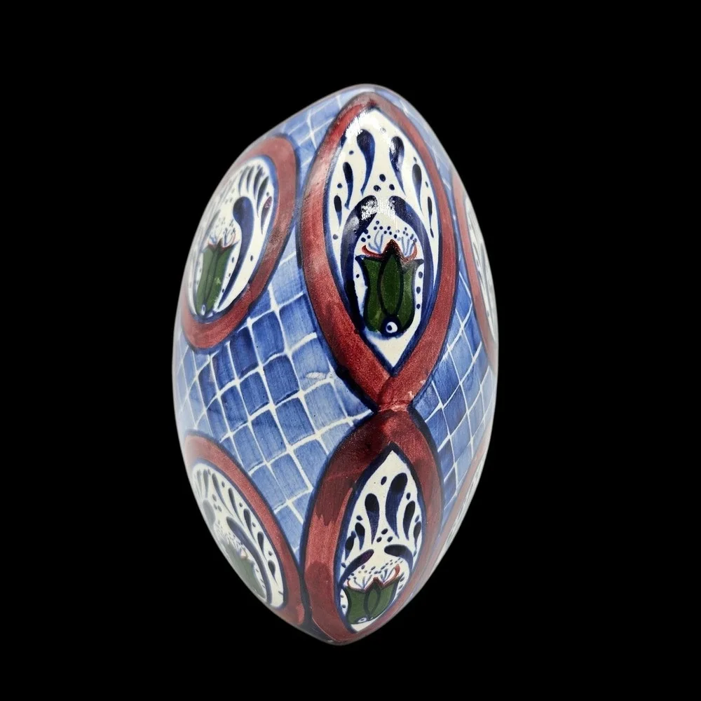 Mexican Folk Art Talavera Pottery Vase Round Geometric Floral Signed BMT Mex